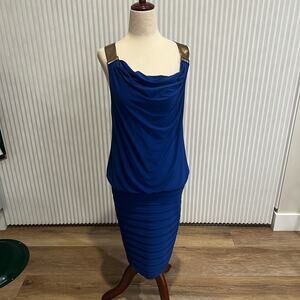 CACHE Women's Blue Draped Bodycon Dress with Embellished Straps Size 2